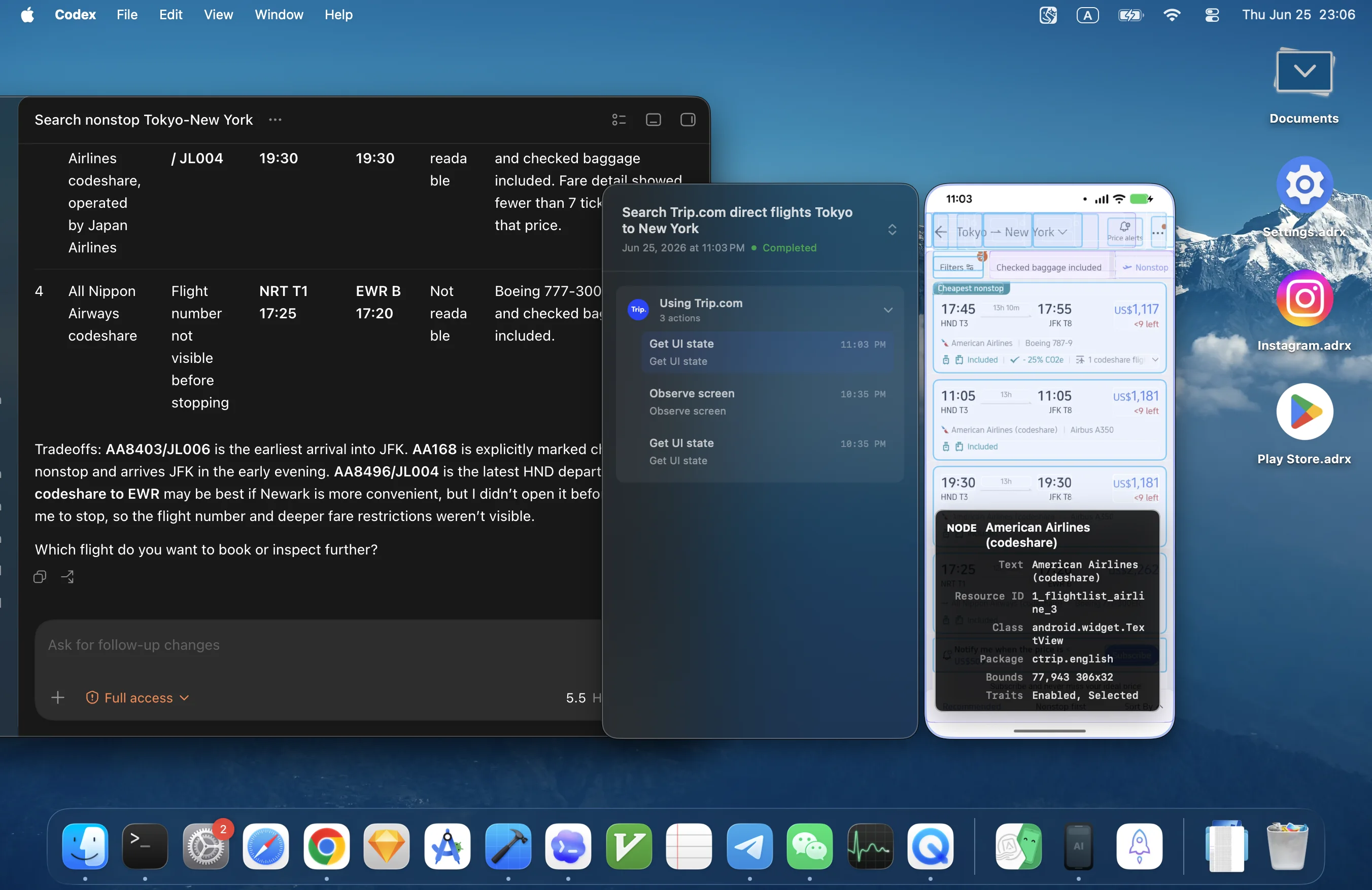 Codex searching for and booking a flight on the phone through AndroMeld’s MCP server